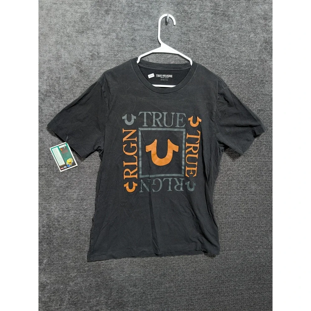 True Religion Mens Boxed Horseshoe Logo Graphic T-Shirt Black Orange Large 1649